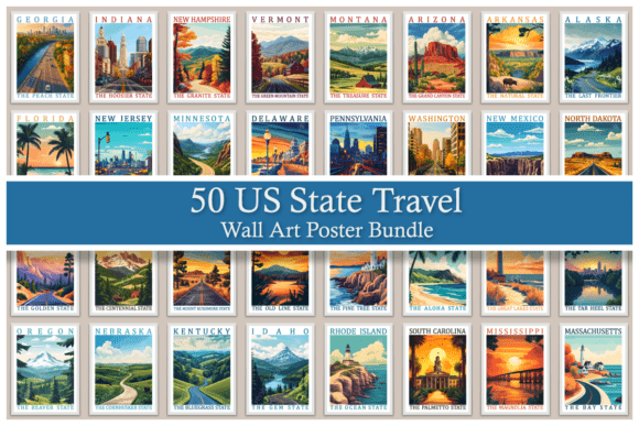 Download 50 US State Travel Wall Art Poster Set - Post Collection