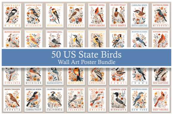 Download 50 US State Birds Wall Art Poster Bundle - Post Collection